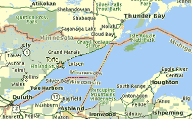 Map of Lake Superior with Tofte marked with a star